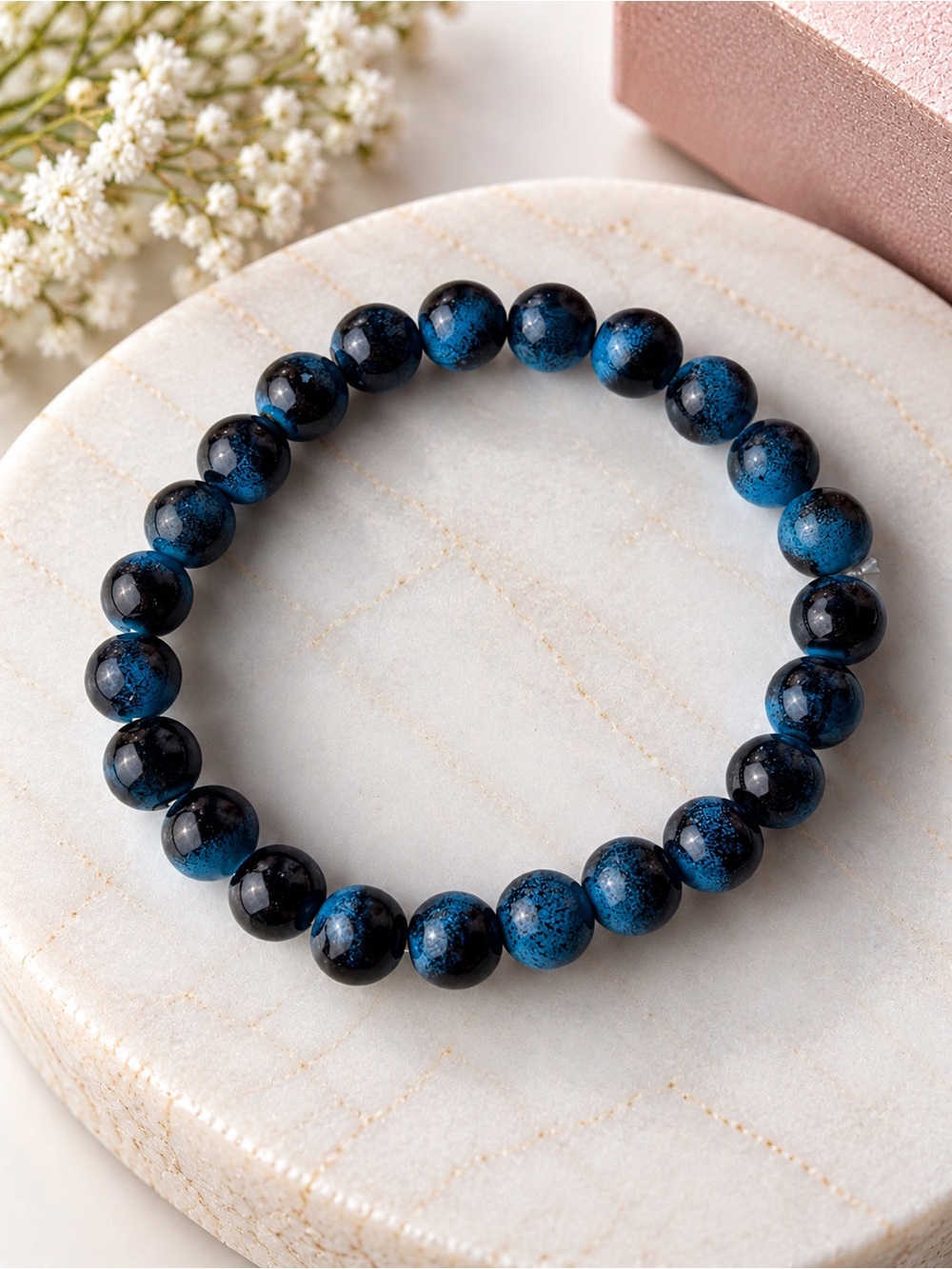 Blue and Black Beaded Stretch Bracelet